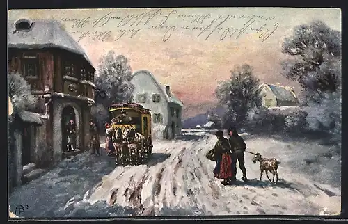 AK Glückliches Neujahr, Ankunft der Postkutsche, Winteransicht