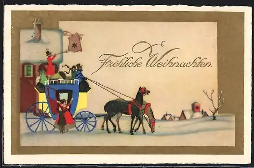 Künstler-AK Postkutsche im Schnee vor einem Gasthaus