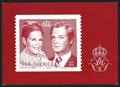 Künstler-AK König Carl XVI. Gustaf und Königin Silvia von Schweden auf einer Briefmarke