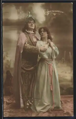 AK Parsival, Szene aus Lohengrin, Ritter und Frau blicken zum Himmel