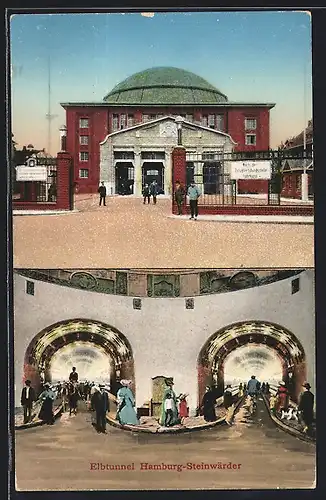 AK Hamburg-St. Pauli, Elbtunnel, Eingangsbereich, Bürger spazieren durch den Tunnel