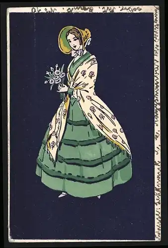 Künstler-AK Junge Dame im Biedermeier-Kleid mit Blumen