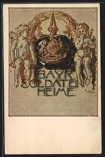 Künstler-AK Pickelhaube und Putten, Kriegshilfe, Bayr. Soldatenheime