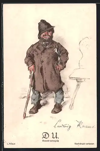 Künstler-AK Dauernd untauglicher Bettler mit Stock