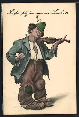 Künstler-AK Willi Scheuermann: Landstreicher spielt auf der Geige