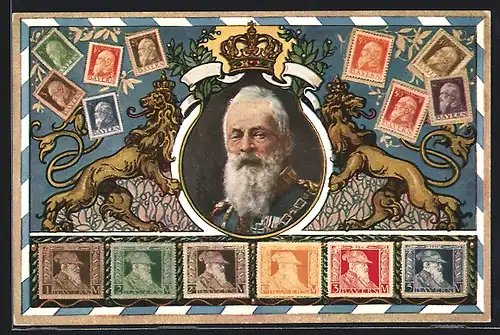 AK Prinzregent Luitpold, Bayrische Briefmarken, Löwen