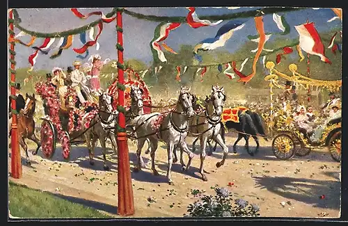 Künstler-AK Blumengeschmückte Kutschen auf einem Volksfest