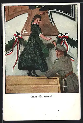 Künstler-AK Brynolf Wennerberg: Deutsches Mädchen bemalt Eisernes Kreuz, Kriegshilfe