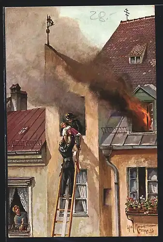Künstler-AK Feuerwehrmänner bergen Mädchen aus dem brennenden Haus