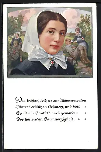 Künstler-AK sign. J. Durst: Krankenschwestern vom Roten Kreuz im Kriegseinsatz mit Spruch