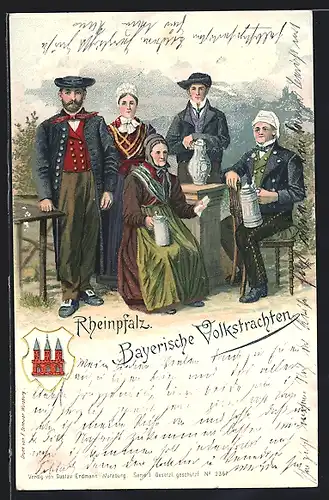 Lithographie Familie in bayerischer Tracht