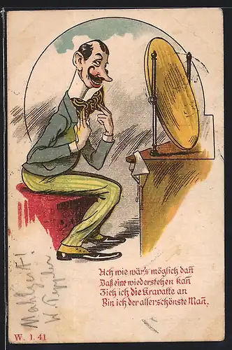 Künstler-AK Eitler Herr vor dem Spiegel, früher Druck