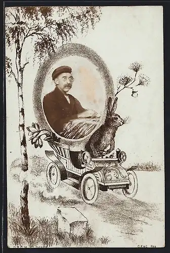 Foto-AK Bärtiger Mann mit Brille, Osterhase im Passepartout