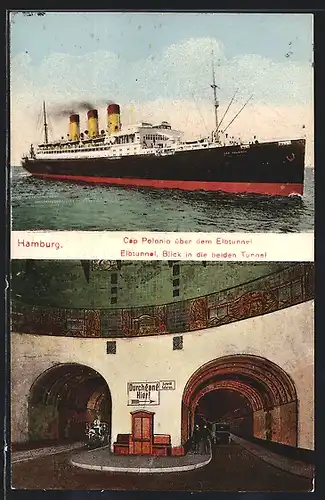 AK Hamburg, Passagierschiff Cap Polonio über dem Elbtunnel, Blick in die beiden Elbtunnel