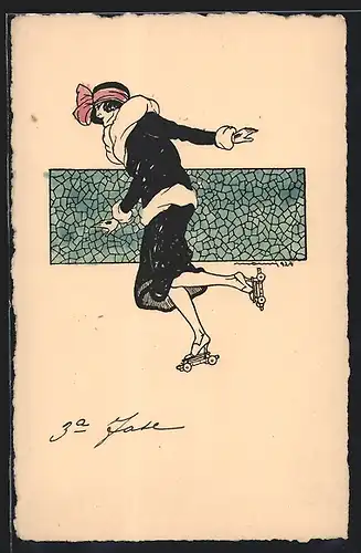 Künstler-AK sign. Monni: Frau mit Hut auf Rollschuhen