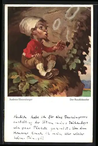 Künstler-AK sign.Andreas Untersberger: Der Rauchkünstler, rauchender Zwerg macht Ringe
