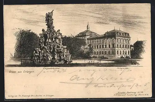 Lithographie Erlangen, Emigrantenbrunnen, Collegienhaus