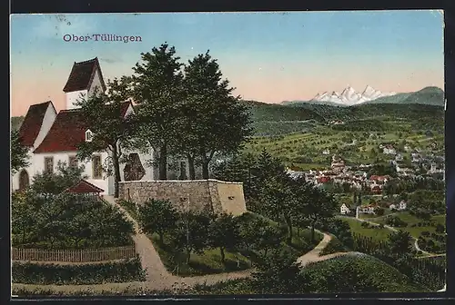 AK Ober-Tüllingen, Schlossmotiv mit Blick auf die Schweizer Alpen