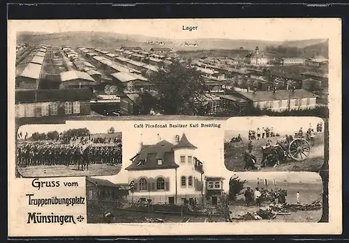 AK Münsingen, Truppenübungsplatz mit Barackenlager und Cafe Plesdonat