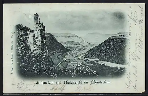 Mondschein-AK Lichtenstein, Ortsansicht mit Thalansicht im Vollmondlicht