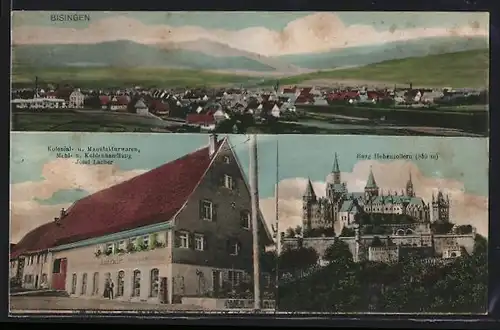 AK Bisingen, Gesamtansicht mit Burg Hohenzollern u. Warenhandlung, Inh. Josef Lacher