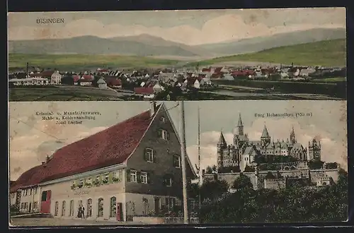 AK Bisingen, Gesamtansicht mit Burg Hohenzollern u. Warenhandlung, Inh. Josef Lacher