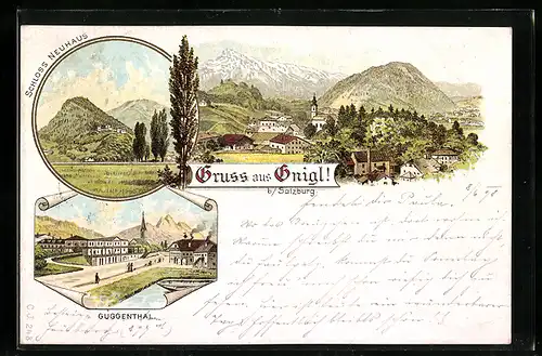 Lithographie Gnigl, Schloss Neuhaus, Ortsansicht, Guggenthal