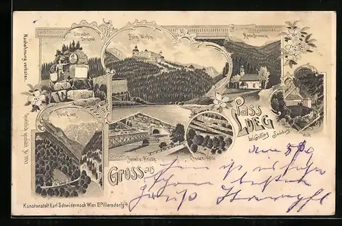 Lithographie Golling, Pass Lueg, Blick auf Strauber Denkmal, Maria Brunneck, Tunnel und Brücke