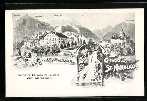 AK Golling, Gasthaus Zum Amerikaner, Wallfahrtskirche St. Nikolaus, Gollinger Wasserfall