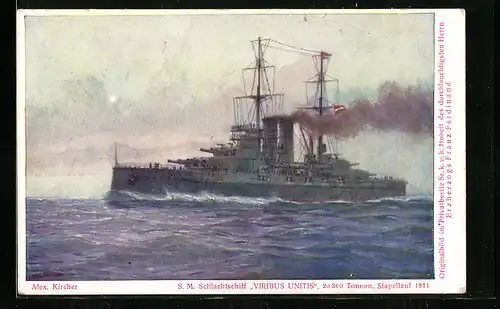 Künstler-AK Alexander Kircher: S. M. Schlachtschiff Viribus Unitis auf hoher See
