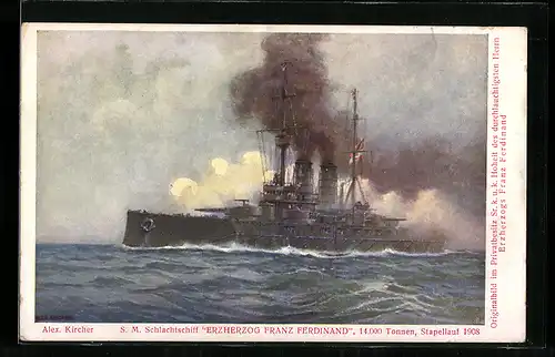 Künstler-AK Alexander Kircher: Österr. Schlachtschiff SM Erzherzog Franz Ferdinand auf hoher See