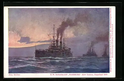 Künstler-AK Alexander Kircher: Österreichisches Schlachtschiff Habsburg auf hoher See