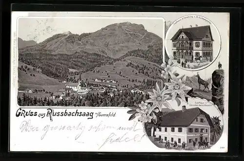 Lithographie Russbachsaag, Posthaus & Handlung M. Schwaighofer, Gasthaus Christian Kerschbaumer, Gamsfeld