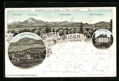 Lithographie Aigen bei Salzburg, Rundschau von der Kanzel im Park, Schloss Aigen