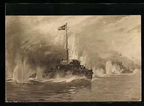 AK Durchbruch SMS Ulan durch die französisch-englische Flotte am 16. August 1914