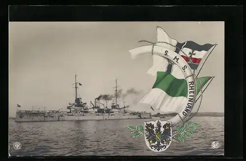 AK Kriegsschiff SMS Rheinland, Backbordseite, Fahnen und Wappen