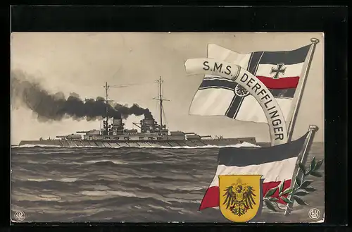 AK Kriegsschiff S. M. S. Derfflinger vor der Küste, Fahnen und Wappen