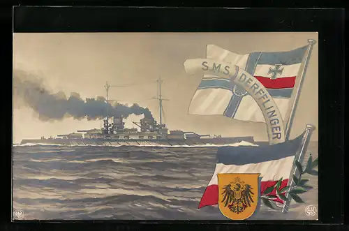 AK Kriegsschiff S. M. S. Derfflinger vor der Küste, Fahnen und Wappen