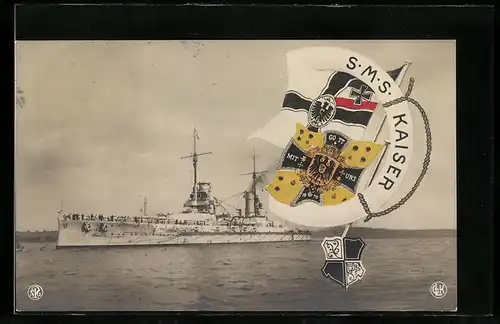 AK Kriegsschiff SMS Kaiser, Reichskriegsflagge und Wappen