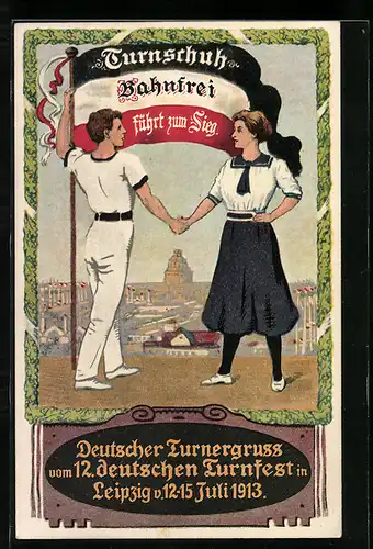 Künstler-AK Leipzig, 12. deutsches Turnfest 1913, Turnschuh Bahnfrei führt zum Sieg, Reklame