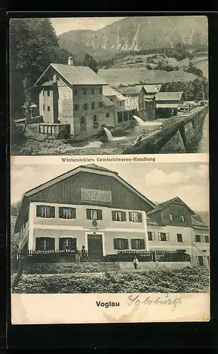 AK Abtenau, Voglau, Winterstehlers Gemischtwaren-Handlung, Ortspartie