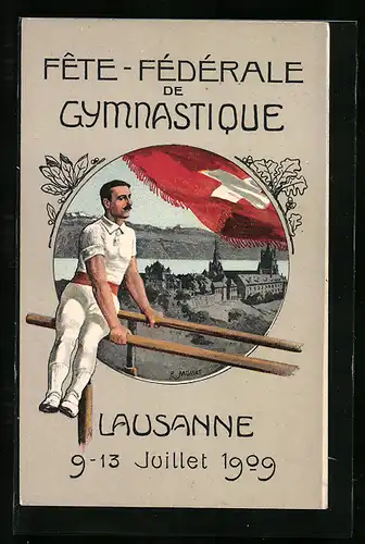 Künstler-AK Lausanne, Fete Federale de Gymnastique 1909, der Turner am Barren
