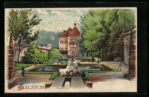 Lithographie Salzburg, Blick auf den Hellbrunn, Halt gegen das Licht: Vollmond