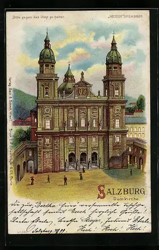 Lithographie Salzburg, Domkirche, Halt gegen das Licht: Mondschein