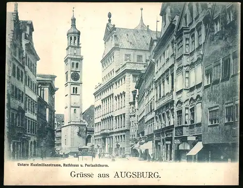 Riesen-AK Augsburg, Maximilianstrasse, Rathaus & Perlachturm, Strassenbahn und Ladengeschäfte