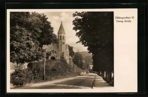AK Schlangenbad i. Ts., Strassenpartie mit Evang. Kirche