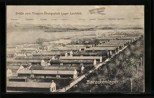 AK Lager Lechfeld, Barackenlager aus der Vogelschau