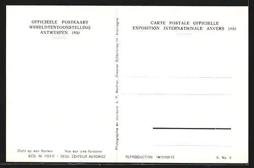 AK Antwerpen, Wereldtentoonstelling 1930, Bank und Vorplatz mit Springbrunnen