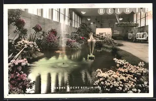 AK Berlin, Grüne Woche 1956, Belgien - Blumenbeete und Springbrunnen