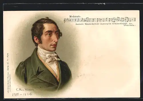 Lithographie Portrait des Komponisten C. M. von Weber